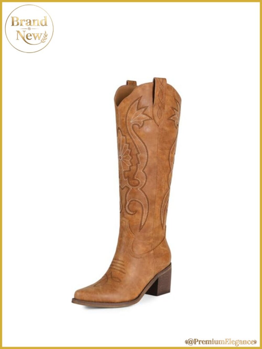Faux Leather Western Cowboy Boots Knee High Chunky Heel Embroidered Pointed Toe